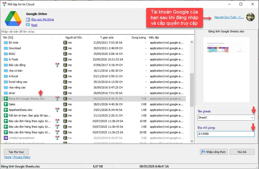 Nhập liệu nâng cao với nguồn dữ liệu là Google Sheets hoặc ExcelOnline