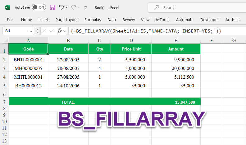 Hướng dẫn hàm BS_FILLARRAY điền mảng vào bảng tính