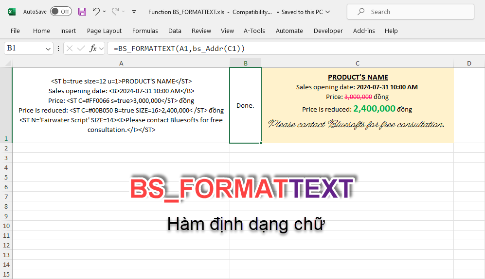 Hướng dẫn hàm BS_FORMATTEXT định dạng van ban trong Excel