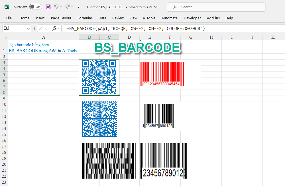 Hướng dẫn hàm BS_BARCODE tạo barcode trong Excel
