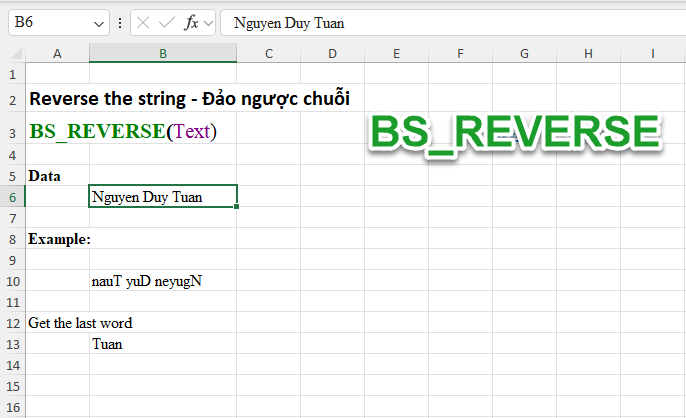 Hướng dẫn hàm BS_REVERSE Đảo ngược chuỗi trong Excel