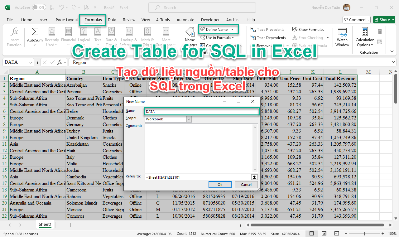 Nguyên tắc tạo dữ liệu nguồn cho SQL trong Excel