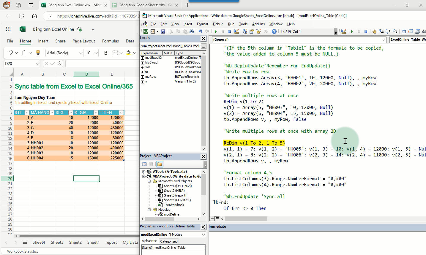 Hướng dẫn lập trình với Table trong Excel Online