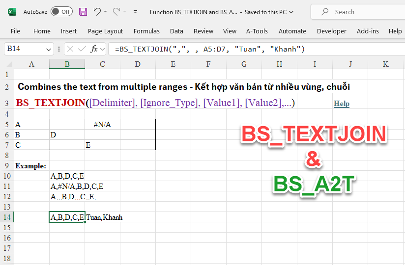 Hướng dẫn hàm BS_TEXTJOIN và BS_A2T kết hợp giá trị thành chuỗi