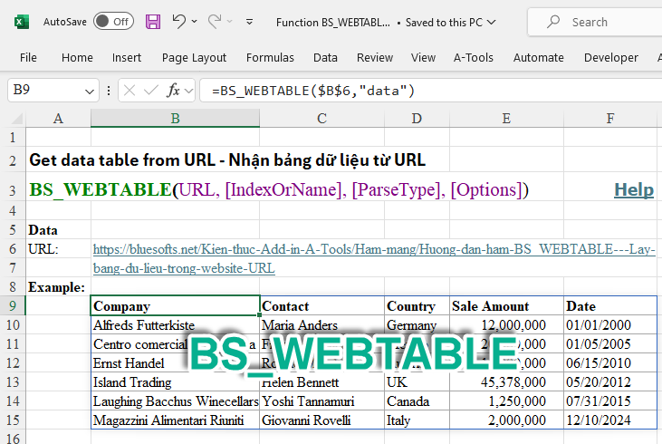 Hướng dẫn hàm BS_WEBTABLE - Lấy bảng dữ liệu trong website-URL