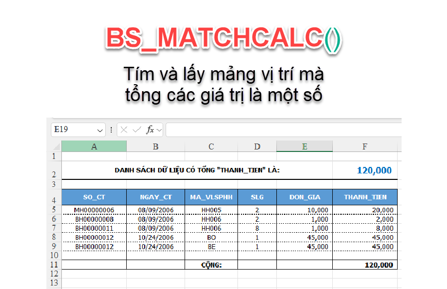 Hướng dẫn hàm BS_MATCHCALC Lấy mảng vị trí các phần tử mà tổng giá trị của nó là một số