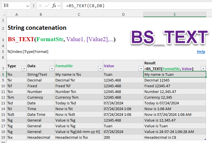 Hướng dẫn hàm BS_TEXT ghép chuỗi trong Excel