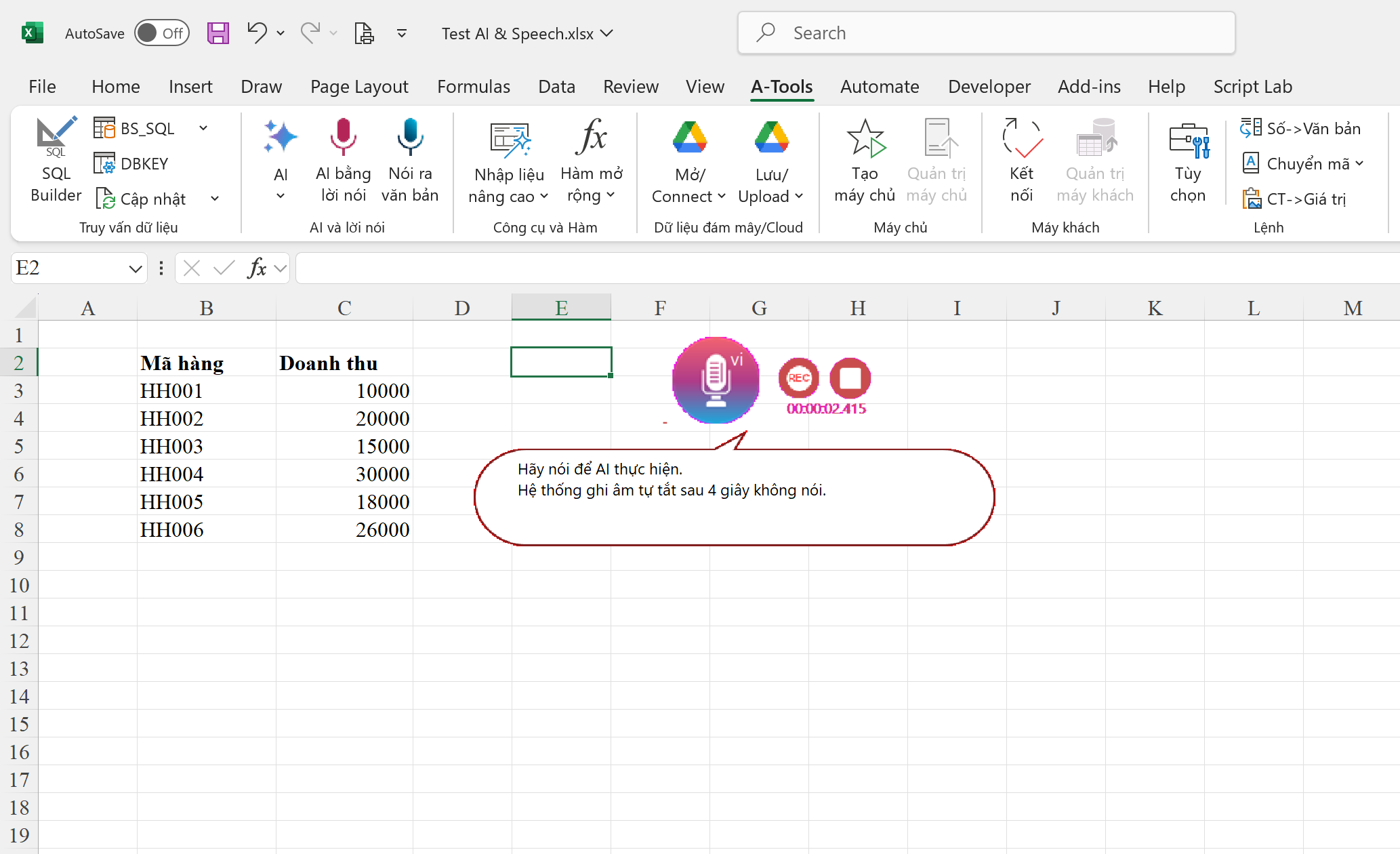 Nói để AI thực hiện, Tạo văn bản từ giọng nói trong Excel và Add-in A-Tools